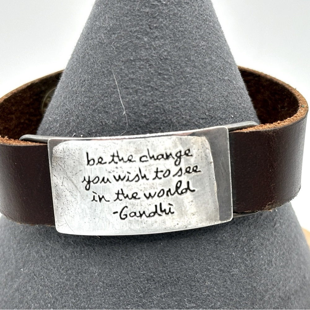 Inspirational “Be the change” Brown Leather Bracelet with Sterling Silver